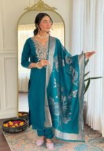ELLITI Women's Solid Reach Color Embroidered Kurta with Floral Dupatta and Straight Pants, Festive & Traditional Outfit Ethnic Wear Set - Image 2