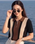 AUSK Women’s Casual Summer Polo Knit T-Shirt | Zip Collar Top | Half Sleeves | Ribbed Panel Design | Lightweight Comfort | Regular Fit - Image 6