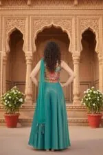 UFB Women's Teal Croptop and shrara Suit Floral Embroidered With Dupatta, Indian Ethnic Wear - Image 2