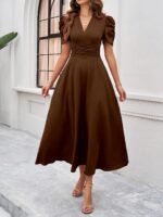 Shasmi Girl's & Women's Solid Color V-Neck A-Line Maxi Dress for Women | New Year Party Outfit | Waist Cinched Puff Sleeve Western | Elegant Casual Wear (Dress 246) - Image 3