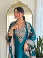 ELLITI Women's Solid Reach Color Embroidered Kurta with Floral Dupatta and Straight Pants, Festive & Traditional Outfit Ethnic Wear Set - Image 5