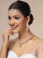Sukkhi Charming AD Diamonds Studded Floral Choker Necklace with Danlge Earrings Maangtikka Jewellery Set for Women & Girls - Image 2