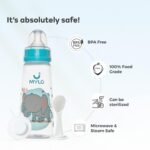 Mylo Baby 2 in 1 Feeding Bottle with Spoon (250 ml) for New Born Baby | Anti Colic & BPA Free Feeding Bottles | Feels Natural Baby Bottle | Easy Flow Neck Design- Blue Elephant - Image 6
