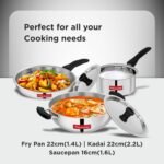 Butterfly Classic Stainless Steel Cookware 5 Pcs Set|Fry Pan 22Cm(1.4L)|Kadai 22Cm(2.2L)|Saucepan 16Cm(1.6L) with Steel Lids|Induction Base,Triply Bottom|Even,Fast Cooking with Less Oil,Silver - Image 2