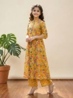 Girls Yellow Floral Print Kurta Set with Palazzo, Traditional Indian Ethnic Wear - Image 4