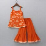 Girls Embroidery Ethnic Wear Set, Sleeveless Kurti with Flared Palazzo Pants, Lotus Print - Image 2