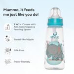 Mylo Baby 2 in 1 Feeding Bottle with Spoon (250 ml) for New Born Baby | Anti Colic & BPA Free Feeding Bottles | Feels Natural Baby Bottle | Easy Flow Neck Design- Blue Elephant - Image 2