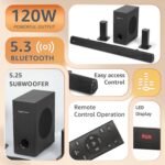 amazon basics 120W Soundbar with Subwoofer, 5.1 Channel Surround Sound System for TV, Home Theatre Speaker with HDMI ARC, Bluetooth 5.3, USB, AUX, Remote Control, LED Display, Black - Image 2