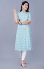 Women's Rayon Flax A-Line Kurti with Mandarin Collar, Printed Calf Length Elbow Sleeve Tunic for Formal & Casual Wear - Image 4