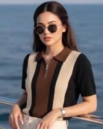 AUSK Women’s Casual Summer Polo Knit T-Shirt | Zip Collar Top | Half Sleeves | Ribbed Panel Design | Lightweight Comfort | Regular Fit - Image 2