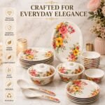 AROVA 32-Piece Premium Melamine Dinner Set for 6 | Floral Printed Dinnerware Set with Plates, Bowls, Serving Bowls, Lids & Spoons (Blush Bloom) - Image 4