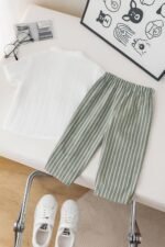 Baby Boy Outfit Set Mandarin Collar Shirt & Striped Pants Comfortable Summer Dress - Image 2