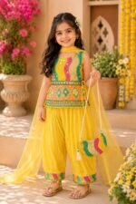 Girls Clothing Set Yellow Embroidered Salwar Suit with Dupatta - Image 2