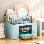 SHUTTLE ART Modern Desk Storage Organizer Box with 2 Drawers –Stackable Desk Organizer with Pen Holder and 5 Compartments – Perfect for Office, Home, School, Art Supplies, Crafts, and Stationery(Blue) - Image 2