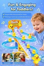 TEC TAVAKKAL Duck Slide Toy Set, Funny Automatic Stair-Climbing Ducklings Cartoon Race Track Set Duck Roller Coaster Escalator Toy with Flashing Lights & Music (Duck Slide Track Set) - Image 3