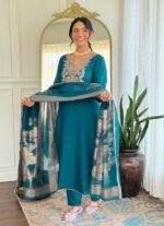 ELLITI Women's Solid Reach Color Embroidered Kurta with Floral Dupatta and Straight Pants, Festive & Traditional Outfit Ethnic Wear Set - Image 4