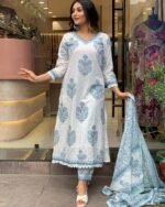 Nermosa Women Cotton Block Printed Kurta Pant With Dupatta - Image 4
