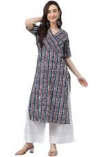 Janasya Women's Mustard Pure Cotton Striped Printed Straight Kurta - Image 3