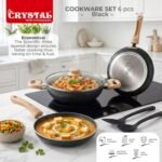 Crystal Aluminum 6 Pcs Non Stick Cookware Set with Induction Bottom | Tawa, Fry Pan, Kadhai with Lid, Laddle & Spatula | Durable 4 Layer Non Stick Coating | PFOA Free | Black - Image 3