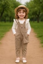 Girl's Cotton Blend Dungaree Set with T-Shirt Relaxed Fit Solid Pattern Full Sleeves Modern Style and Standard Length - Image 6