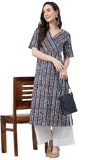 Janasya Women's Mustard Pure Cotton Striped Printed Straight Kurta - Image 2