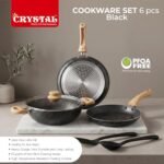 Crystal Aluminum 6 Pcs Non Stick Cookware Set with Induction Bottom | Tawa, Fry Pan, Kadhai with Lid, Laddle & Spatula | Durable 4 Layer Non Stick Coating | PFOA Free | Black - Image 2