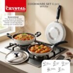 Crystal Aluminum 6 Pcs Non Stick Cookware Set | Gas Stove Friendly | Tawa, Fry Pan, Kadhai with Lid, Laddle & Spatula | Durable 4 Layer Non Stick Coating | PFOA Free | White - Image 4