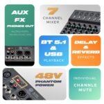 DIGIMORE 7 Channel Audio Mixer with USB & BT Playback | 48V Phantom Power | Stereo XLR Outs | Delay & Reverb Effects | Ideal for Stage, Live Gigs, and Karaoke (D-255 PRO) - Image 2