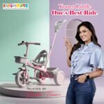 Kidsmate Junior Tricycle for Kids with Parental Control | Cycle for Kids 1-4 Years | Baby Cycle | Bicycle with Storage Basket, Cushion Seat and Seat Belt Carrying Capacity 30 Kgs (Pink-Grey) - Image 2