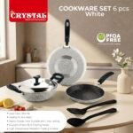 Crystal Aluminum 6 Pcs Non Stick Cookware Set | Gas Stove Friendly | Tawa, Fry Pan, Kadhai with Lid, Laddle & Spatula | Durable 4 Layer Non Stick Coating | PFOA Free | White - Image 2