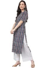 Janasya Women's Mustard Pure Cotton Striped Printed Straight Kurta - Image 4