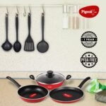 Pigeon Mio Non Induction Base Nonstick Aluminium Cookware Gift Set, Includes Nonstick Flat Tawa, Nonstick Fry Pan, Kitchen Tool Set, Nonstick Kadai with Glass Lid, 8 Pieces Kitchen Set (Red) - Image 2