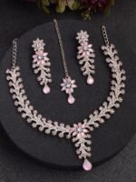 Sukkhi Charming AD Diamonds Studded Floral Choker Necklace with Danlge Earrings Maangtikka Jewellery Set for Women & Girls - Image 4