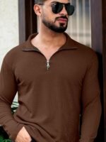 KAJARU Men's Polyester Blend T Shirt with Spread Collar Neck Line Zipper Closure Full Sleeves Solid Pattern Regular Fit and Standard Length - Image 2