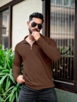 KAJARU Men's Polyester Blend T Shirt with Spread Collar Neck Line Zipper Closure Full Sleeves Solid Pattern Regular Fit and Standard Length - Image 6