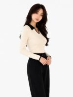 BLACK BUDDY Women's Cotton Blend Full Sleeve Collared V Neck T Shirt for Women | Regular Fit Solid Rib Knit Stretch Top | Casual Office College Formal T Shirt | S-XXL - Image 3