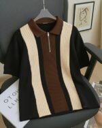 AUSK Men's Retro Cable-Knit Quarter-Zip Polo | Premium Textured Self-Design Half Sleeve T-Shirt for Men - Image 2