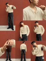 Polycotton Men's Textured Fabric Solid Half-Open Collar T-Shirt,Full Sleeve Casual Shirt for Men,Comfortable Fall Wear, Relaxed Fit - Image 4