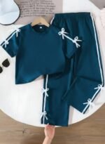 PABROS Kids Clothes for Girls of Two-Piece Set, Short Sleeve Top with Bow Detail, Side Stripe Pants, Summer Dress for Girls - Image 6