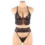 SSoShHub Women Lace 4pcs Babydoll Lingerie Mesh Chemise Nightgown Cover Up Bikini with Panty and Hand tie Knot, Blind Eye fold Black - Image 2