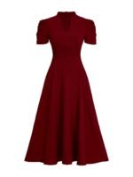Shasmi Girl's & Women's Solid Color V-Neck A-Line Maxi Dress for Women | New Year Party Outfit | Waist Cinched Puff Sleeve Western | Elegant Casual Wear (Dress 246) - Image 5