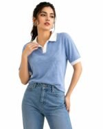 BLACK BUDDY Women's Ribbed Polo T-Shirt, Short Sleeve, Contrast Collar and Cuffs, Casual Woman Top - Image 2