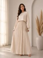 LITZO Women’s One Piece Dress - Georgette Solid Color Western Gown | Long Sleeve Round Neck Fit & Flare Flared Hem Design | A-Line Maxi Dress for Women | New Year Party Outfit (NO-17-18) - Image 4