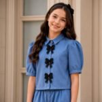 Girls Denim Cotton Puff Sleeve T-Shirt with Plazo Set Stylish Casual Denim Look Top & Wide Leg Pants Set for Girls Trendy Comfortable Daily Wear & Outdoor - Image 3