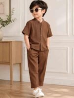 Gtoro Boys Striped Regular Fit Suit Set | Half Sleeve Mandarin Collar Shirt & Striped Pants | Casual Wear Outfit - Image 4