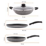 Amazon Brand - Solimo 6 Piece Non-Stick Cookware Set | Granite Finish | Induction Base | PFOA Free | HTR Exterior Coating | 25cm Tawa, 22 cm Kadai, 22cm Fry Pan, 1 Glass Lid & 2 Nylon Spatulas | Grey - Image 9