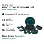 Shay Teal Gold Ceramic Dinner Set, 21 Pieces, Goldline Series | Dinner Set for Dining Table | Bone-Ash Free | Crockery Set for Gifting & Dining Glossy Finish | Premium Ceramic (Teal Gold, 21 Pieces) - Image 3