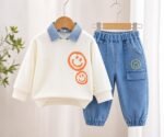 Bold N Elegant Baby Boys Denim Solid Happy Face Smile Print Full Sleeve Collar T-Shirt and Pant Party Clothing Set - Image 3