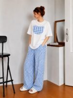 KSHS Women's Cotton Blend Plaid Pyjama Set, White Tee and Black Checkered Pants - Image 4