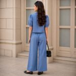 Girls Denim Cotton Puff Sleeve T-Shirt with Plazo Set Stylish Casual Denim Look Top & Wide Leg Pants Set for Girls Trendy Comfortable Daily Wear & Outdoor - Image 5